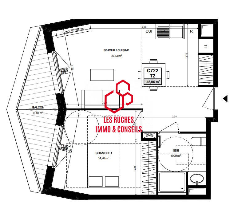 Appartement - 46 m² - 2 pièces