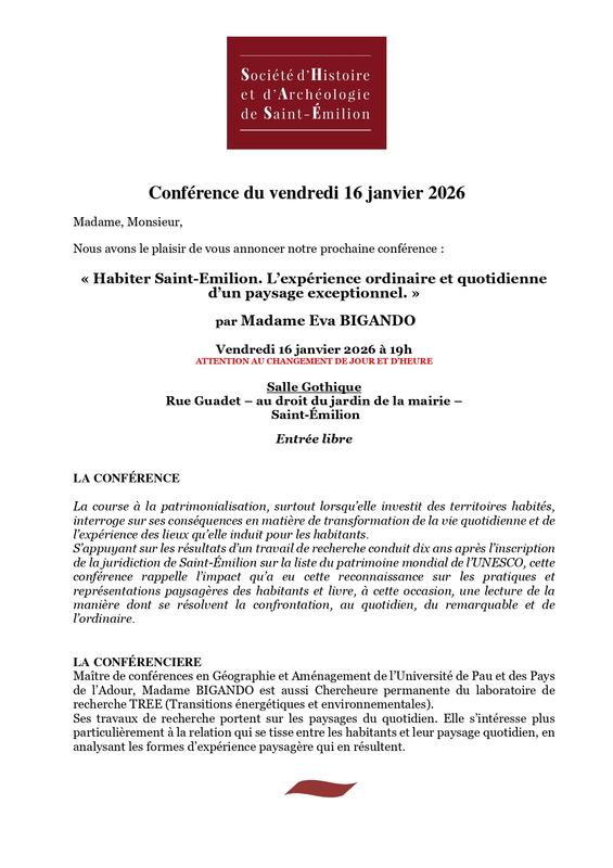 Conférence : Eva Bigando - Habiter Saint-Emilion. L’expérience ordinaire et quotidienne d’un paysage exceptionnel.