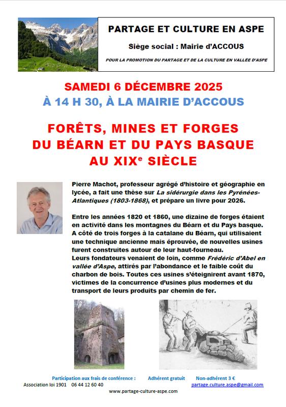 Conférence partage et culture :  forêts, mines et forges du Béarn et du Pays Basque au XIXème siècle
