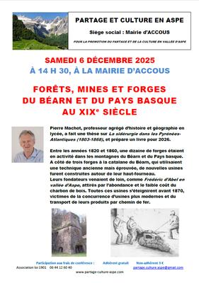 Conférence partage et culture :  forêts, mines et forges du Béarn et du Pays Basque au XIXème siècle