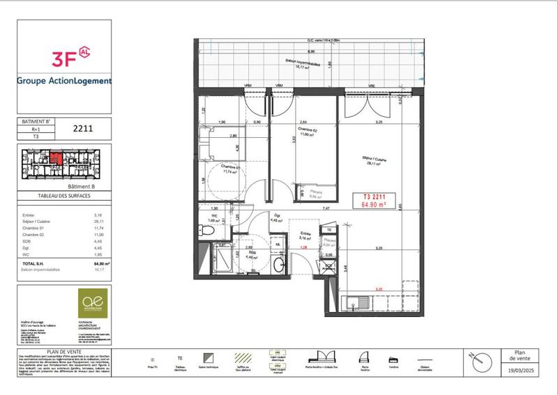 Appartement - 64 m² - 3 pièces