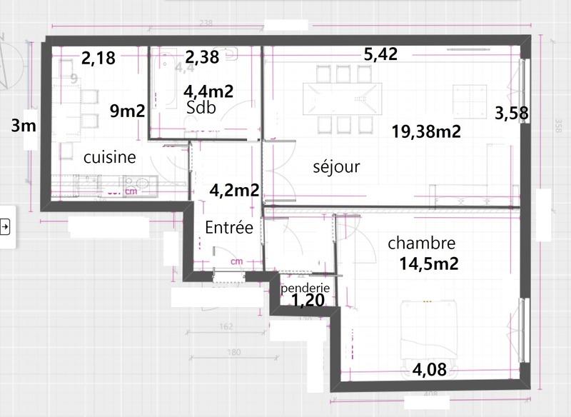 Appartement - 54 m² - 2 pièces
