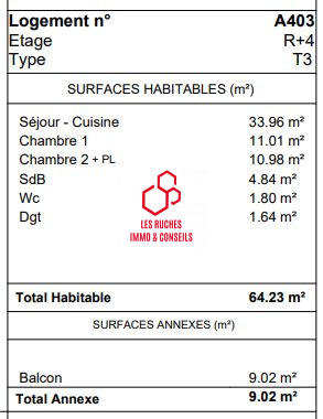 Appartement - 64 m² - 3 pièces