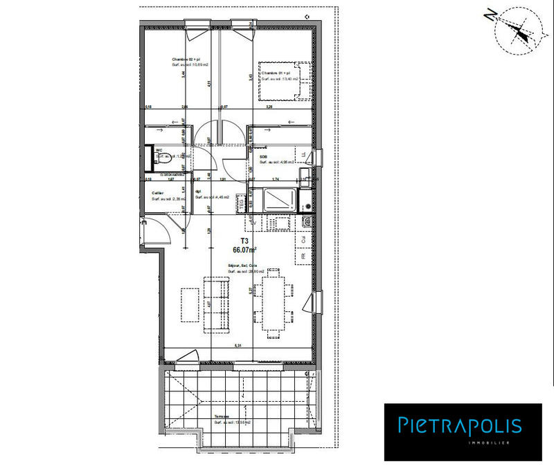 Appartement - 66 m² - 3 pièces