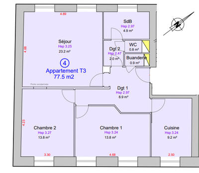 Appartement - 77 m² - 3 pièces