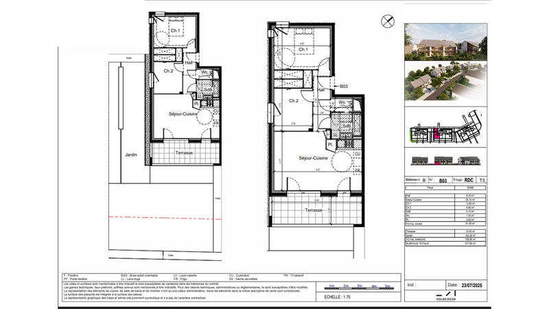 Appartement - 61 m² - 3 pièces