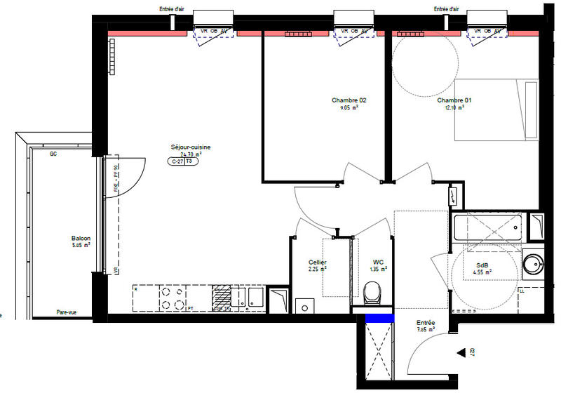 Appartement - 62 m² - 3 pièces