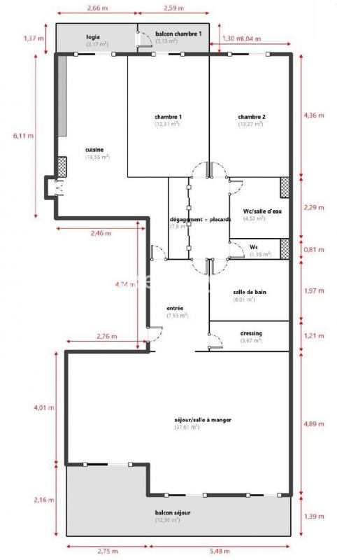 Appartement - 114 m² - 3 pièces
