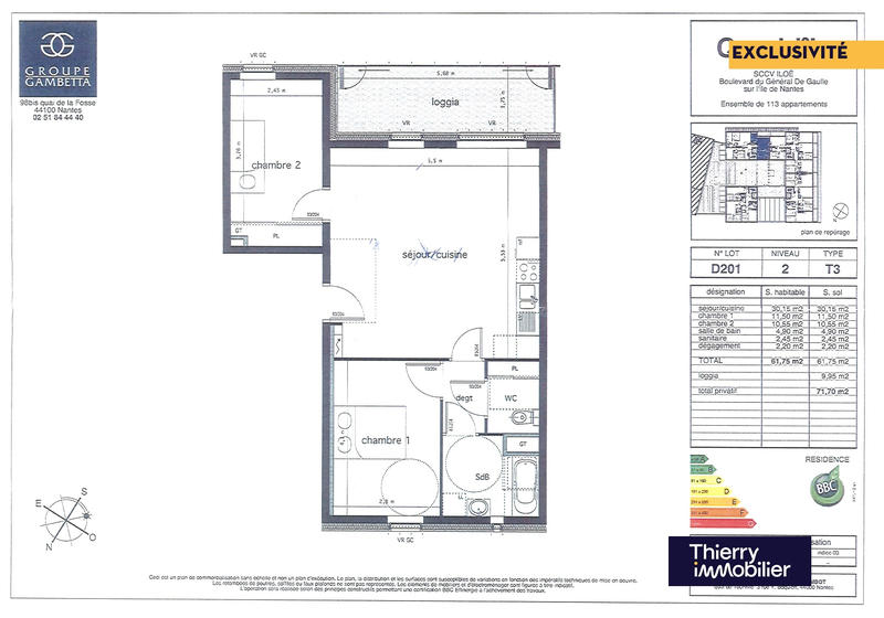 Appartement - 62 m² - 3 pièces