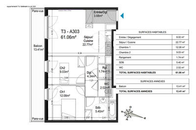 Appartement - 61 m² - 3 pièces