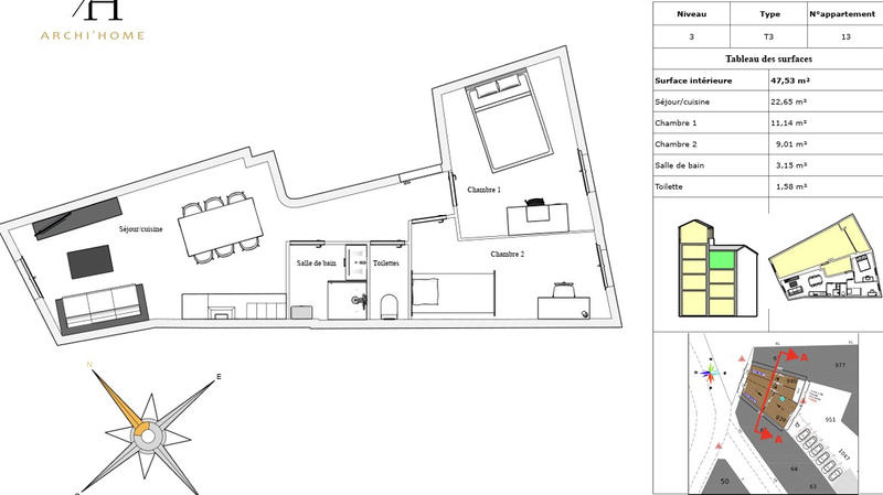 Appartement - 48 m² - 3 pièces