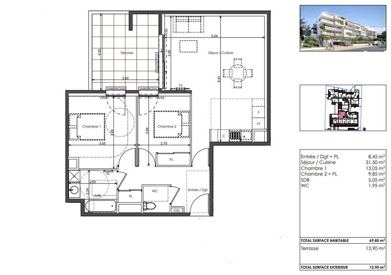 Appartement - 69 m² - 3 pièces