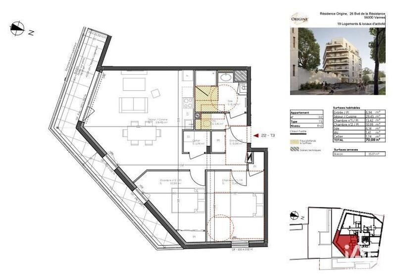 Appartement - 70 m² - 3 pièces