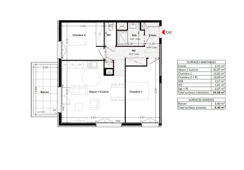 Appartement - 64 m² - 3 pièces