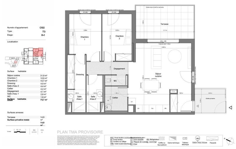 Appartement - 75 m² - 3 pièces