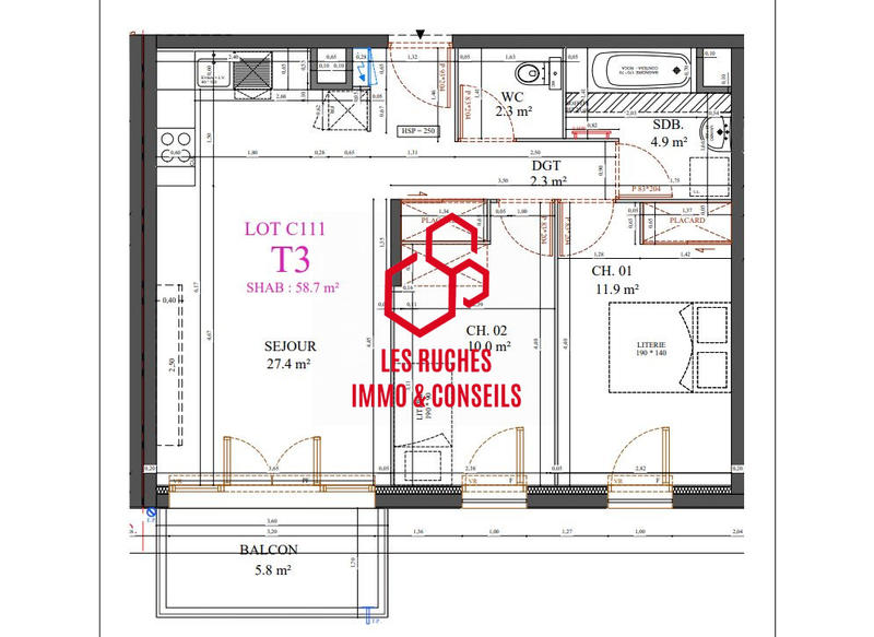 Appartement - 59 m² - 3 pièces