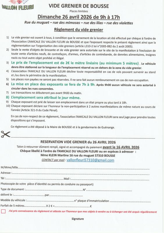 Vide grenier de Bousse rues des fleurs autour du cimetière