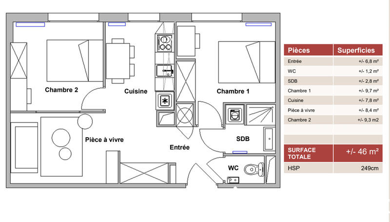 Appartement - 46 m² - 3 pièces