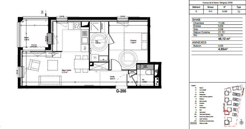 Appartement - 46 m² - 2 pièces