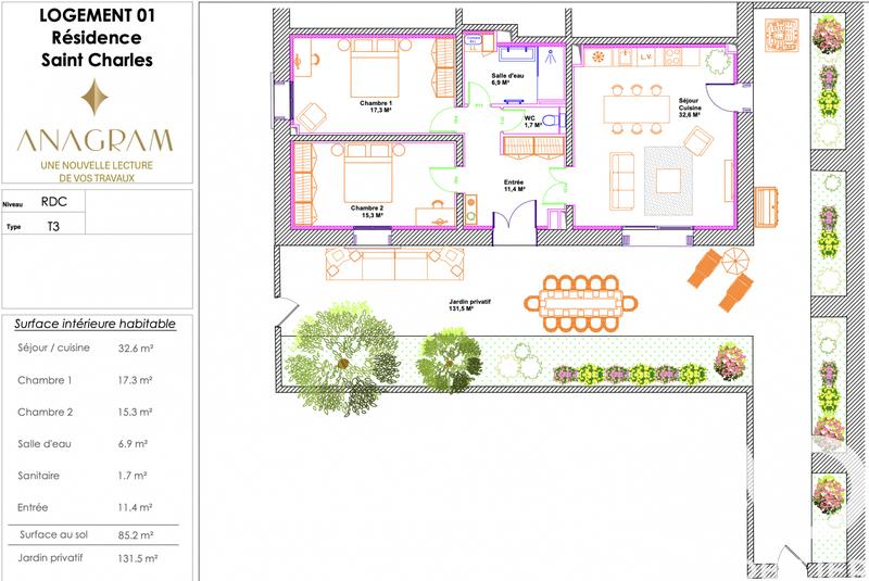 Appartement - 85 m² - 3 pièces