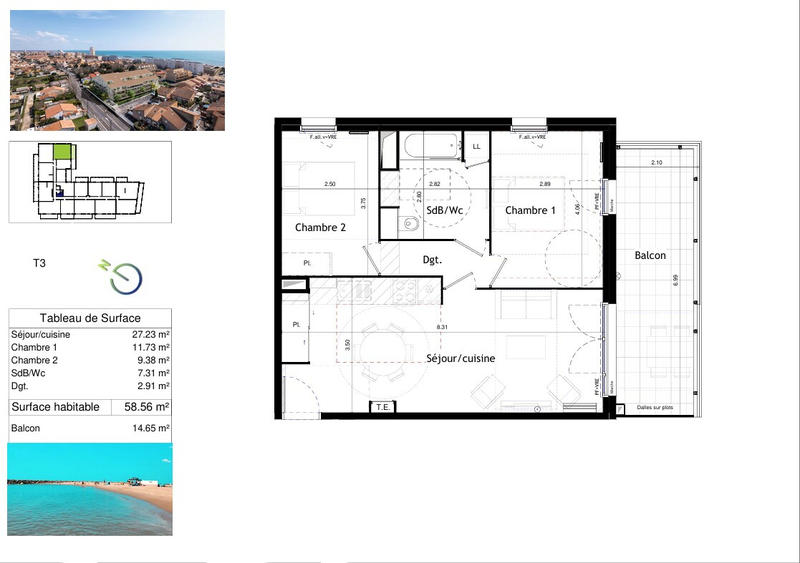 Appartement - 58 m² - 3 pièces