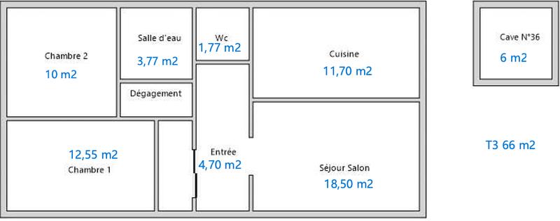 Appartement - 66 m² - 3 pièces