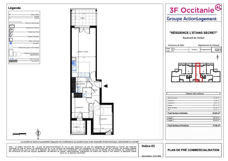Appartement - 64 m² - 3 pièces