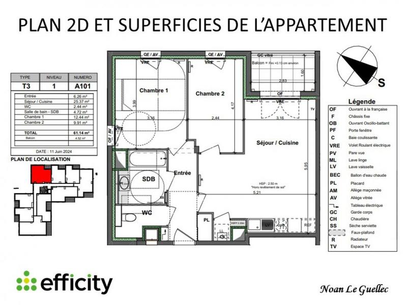 Appartement - 61 m² - 3 pièces