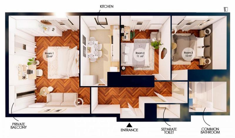 Chambre - 11 m² - 3 pièces