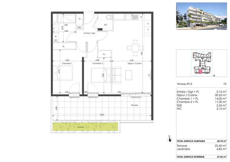 Appartement - 68 m² - 3 pièces