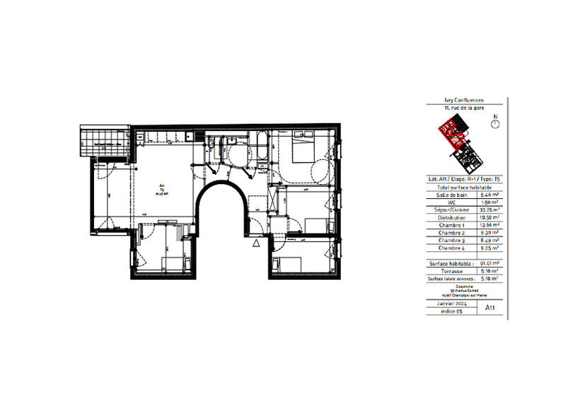 Appartement - 91 m² - 5 pièces