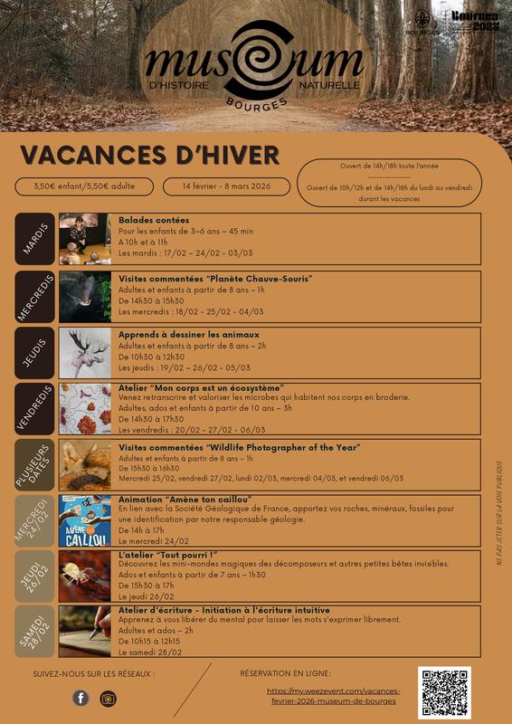 Programmation Vacances de Février Muséum Histoire Naturelle de Bourges