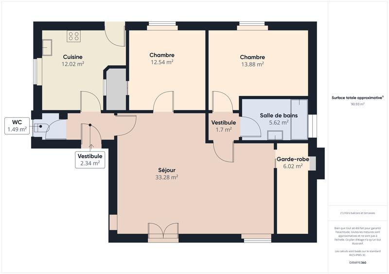 Appartement - 90 m² - 3 pièces