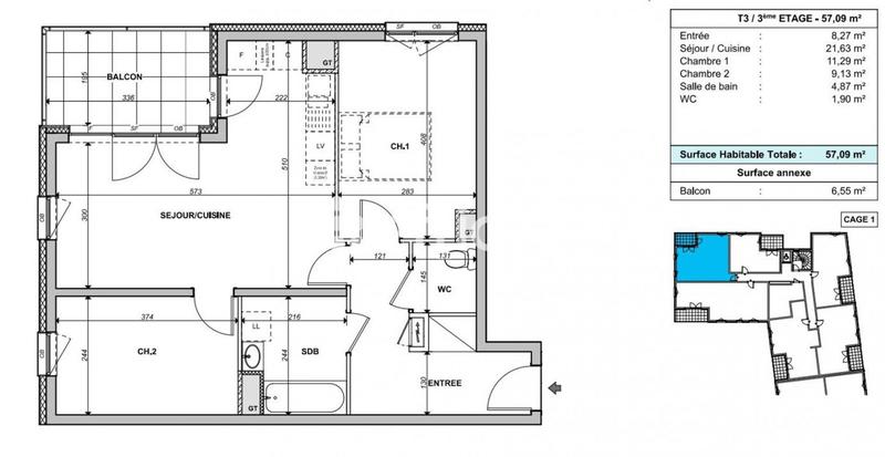 Appartement - 57 m² - 3 pièces