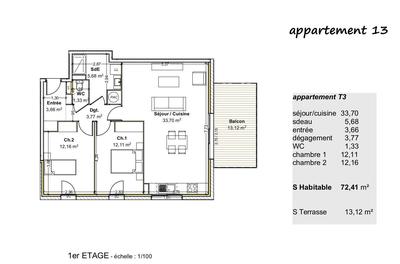 Appartement - 72 m² - 3 pièces