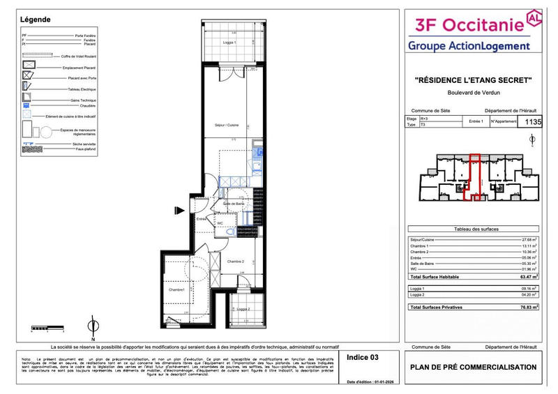 Appartement - 63 m² - 3 pièces