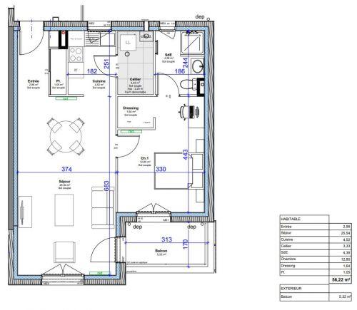 Appartement - 56 m² - 2 pièces