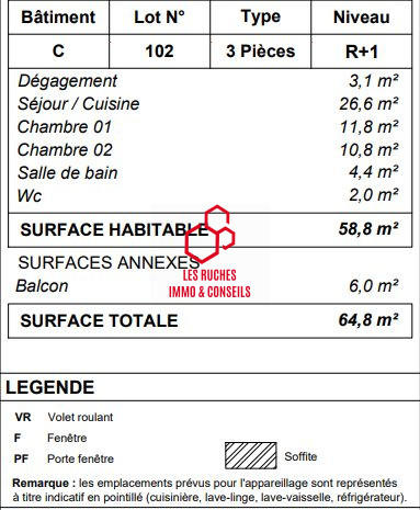 Appartement - 59 m² - 3 pièces