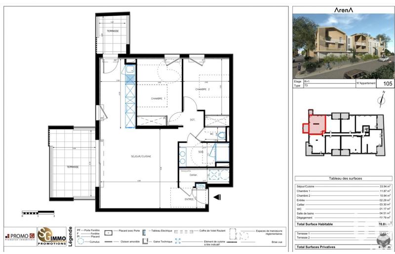 Appartement - 70 m² - 3 pièces