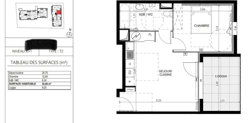Appartement - 43 m² - 2 pièces