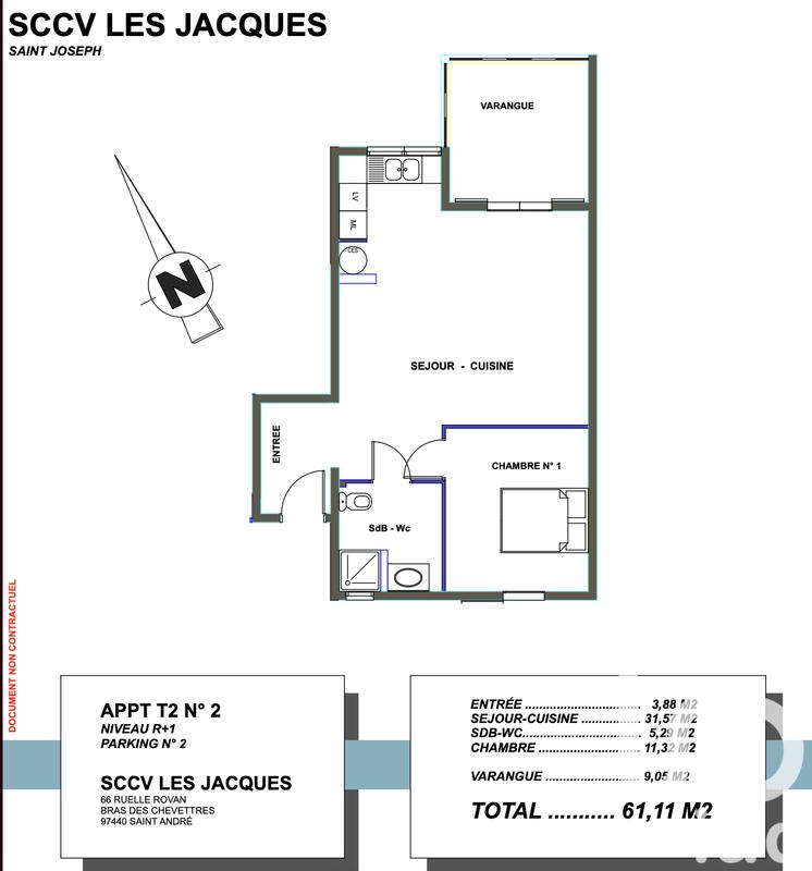 Appartement - 61 m² - 2 pièces