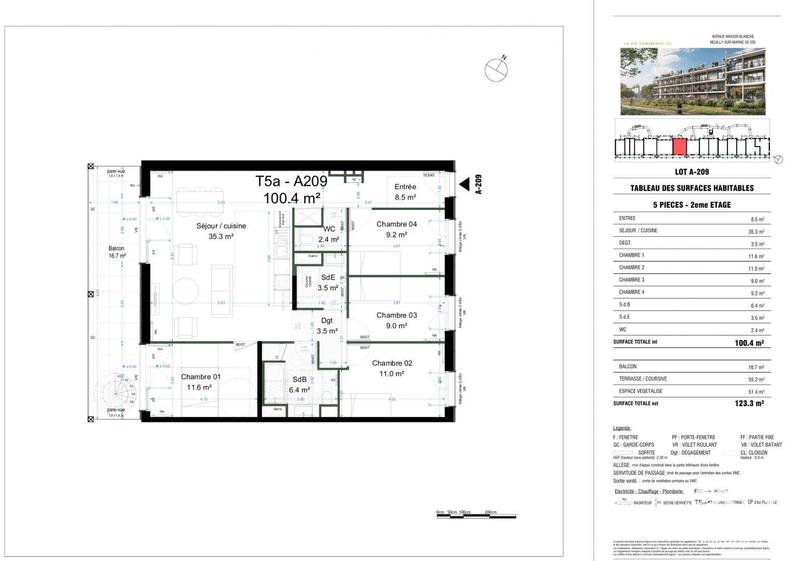 Appartement - 100 m² - 5 pièces