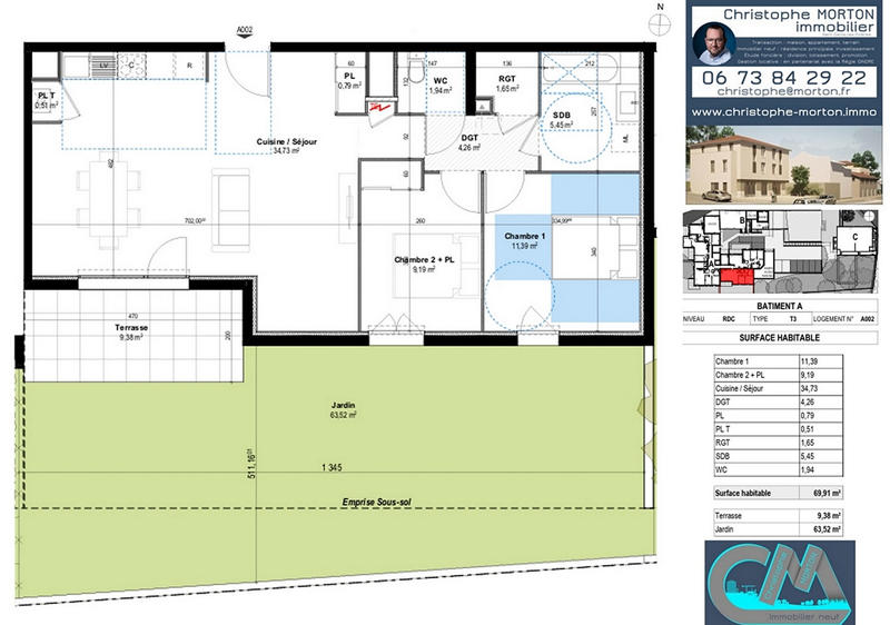 Appartement - 70 m² - 3 pièces