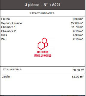 Appartement - 61 m² - 3 pièces