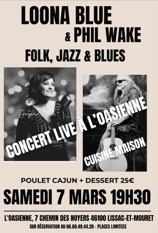 Concert Loona Blue et Phil Wake à l’Oasienne de Lissac-et-Mouret