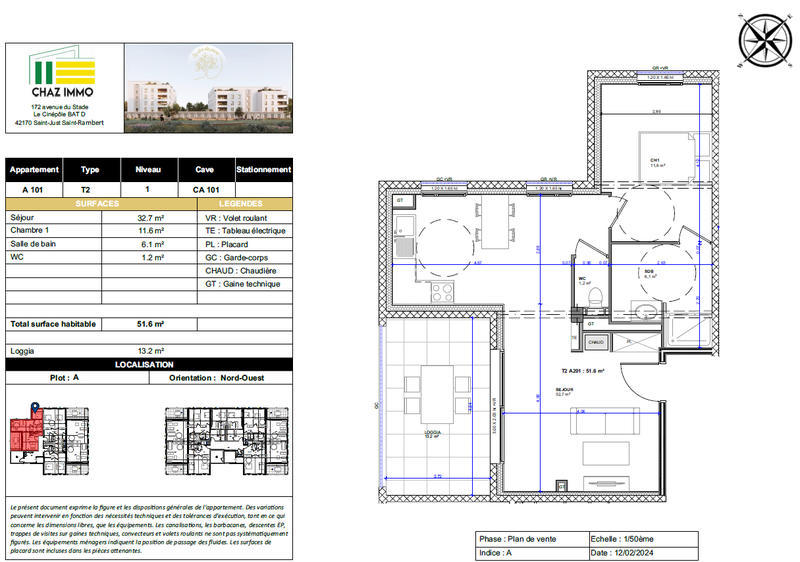 Appartement - 52 m² - 2 pièces