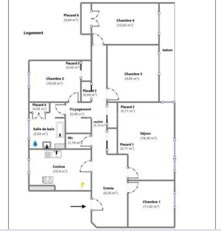 Appartement - 97 m² - 6 pièces