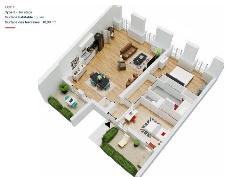 Appartement - 85 m² - 3 pièces