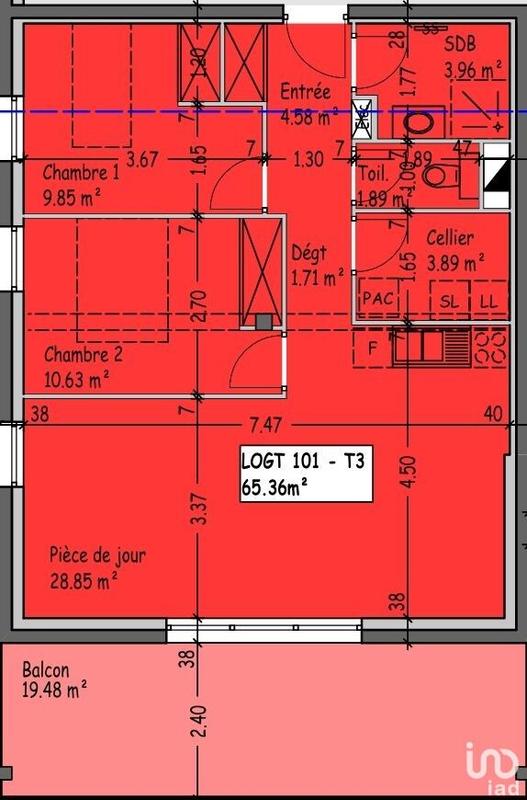 Appartement - 65 m² - 3 pièces