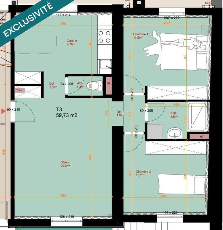 Appartement - 60 m² - 3 pièces